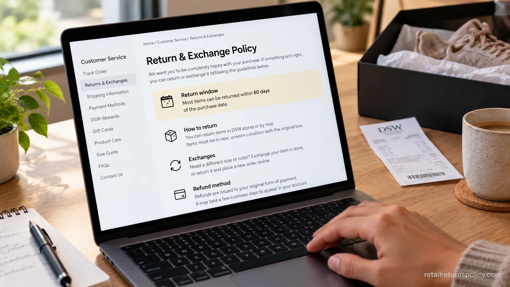 DSW official return and exchange policy page open on a laptop showing the current return window.