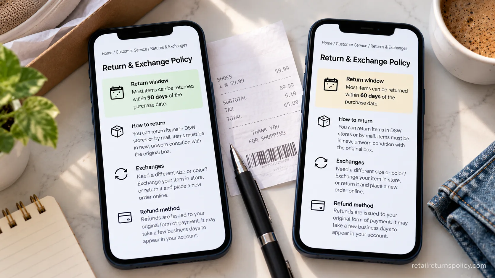 Two DSW pages side by side showing a 60-day and a 90-day return window for comparison.