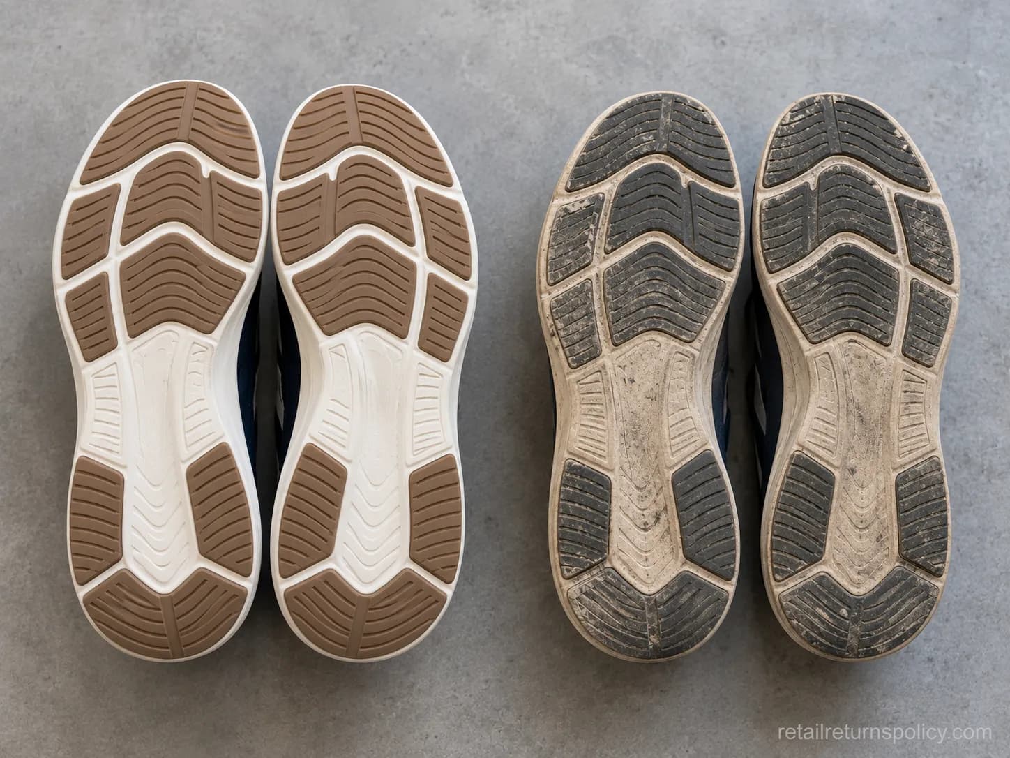Two shoe outsoles compared, a clean indoor-worn pair accepted and a scuffed outdoor-worn pair refused at return.