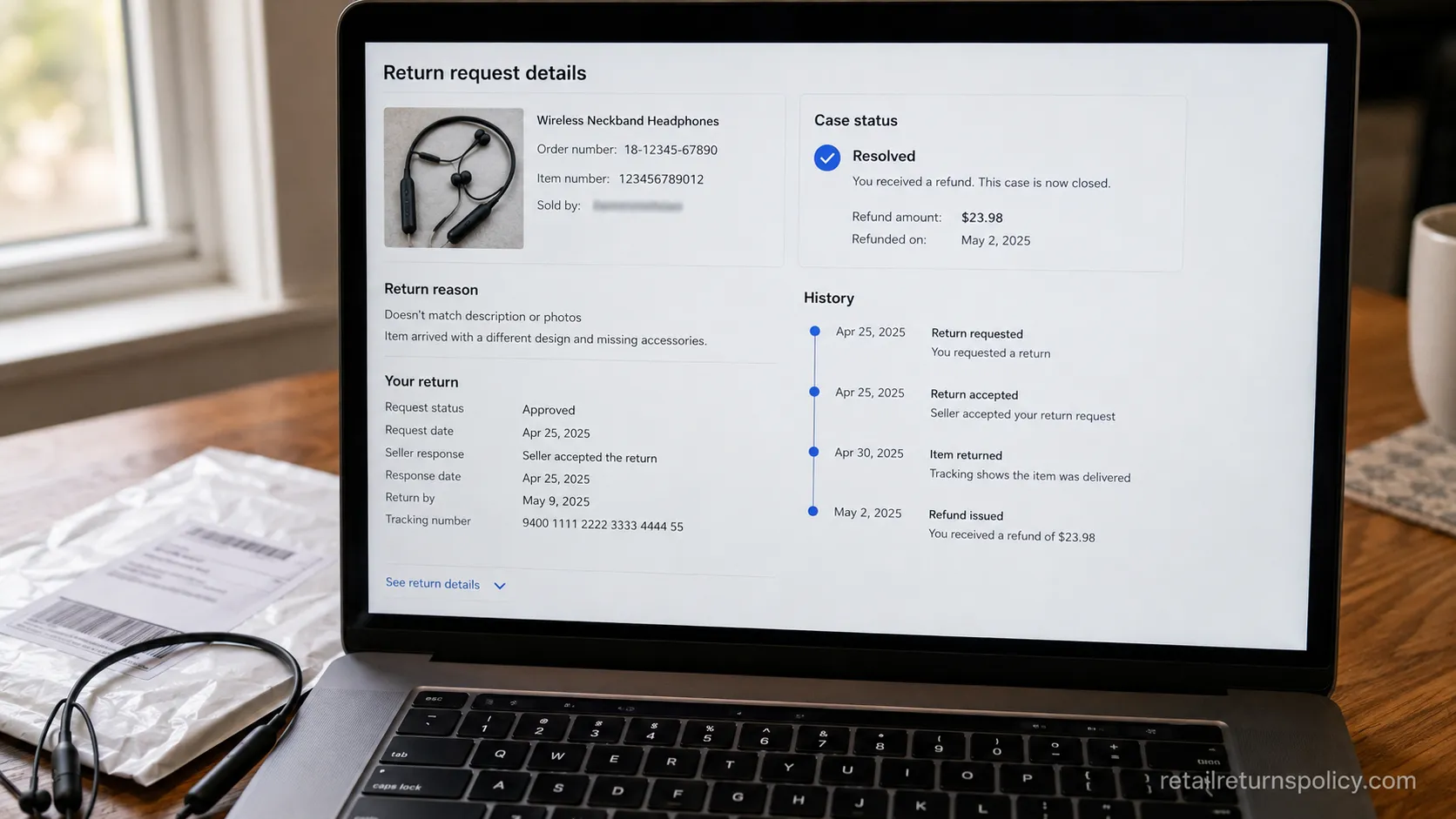 eBay return request resolution screen for a not-as-described item