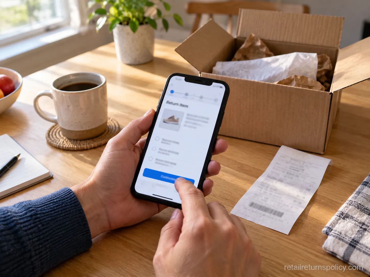 Shopper checking an eBay return deadline on a phone beside a shipping box and receipt.