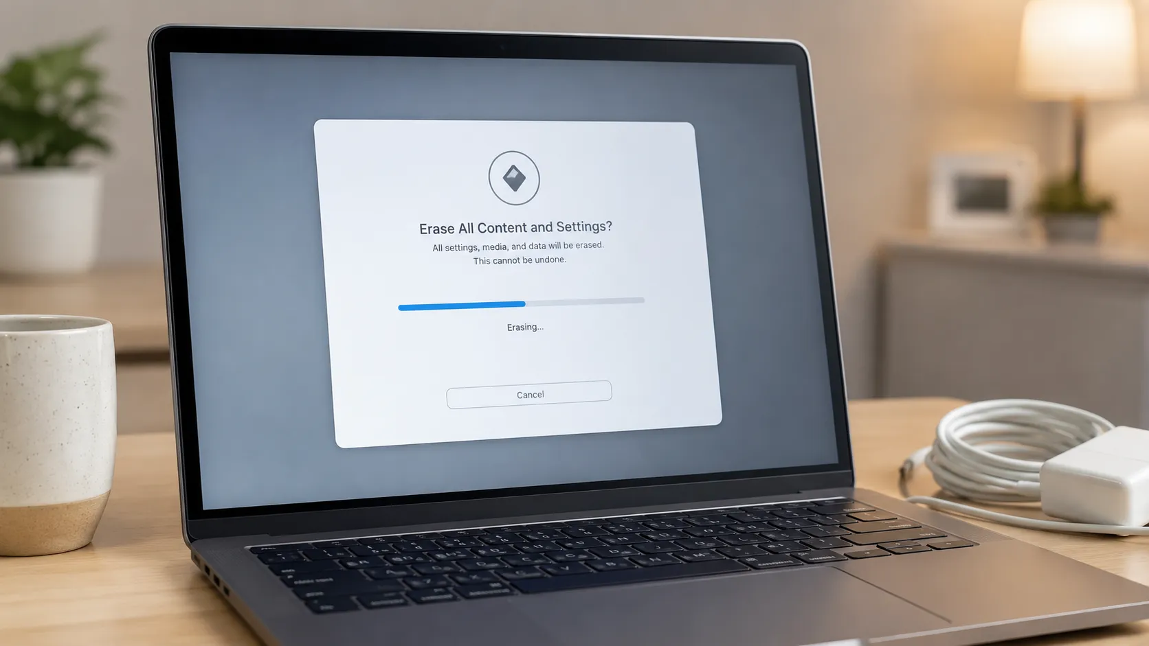 Laptop displaying a generic "Erase All Content and Settings" confirmation screen before a computer return, with a charger and coffee mug on a tidy desk