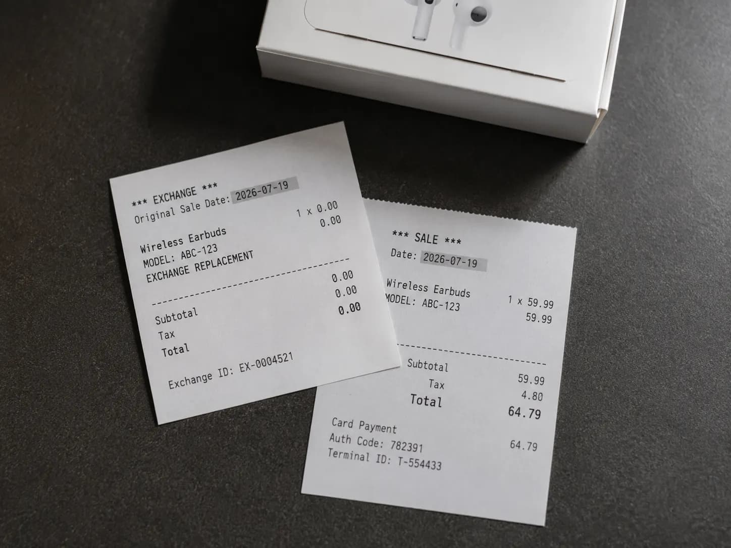 Overhead photo of two overlapping exchange receipts showing an original purchase date beside a plain white electronics accessory box on a dark matte counter with soft directional lighting.