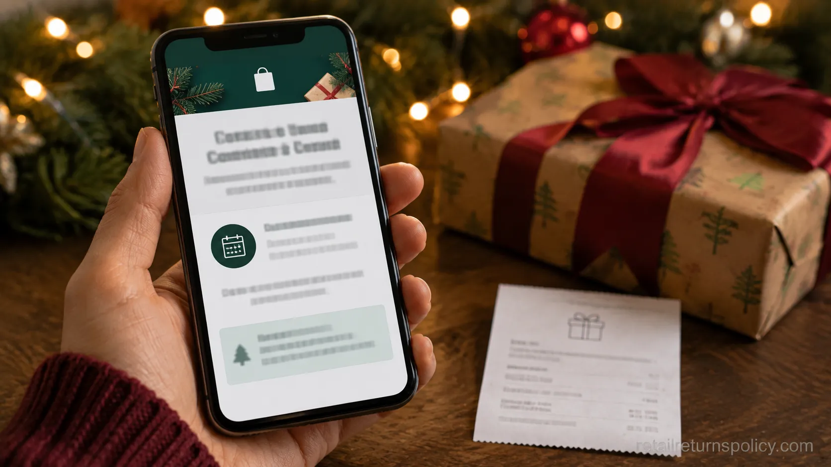 2026 to 2027 extended holiday return window shown as a retailer notice on a phone beside a wrapped gift and gift receipt