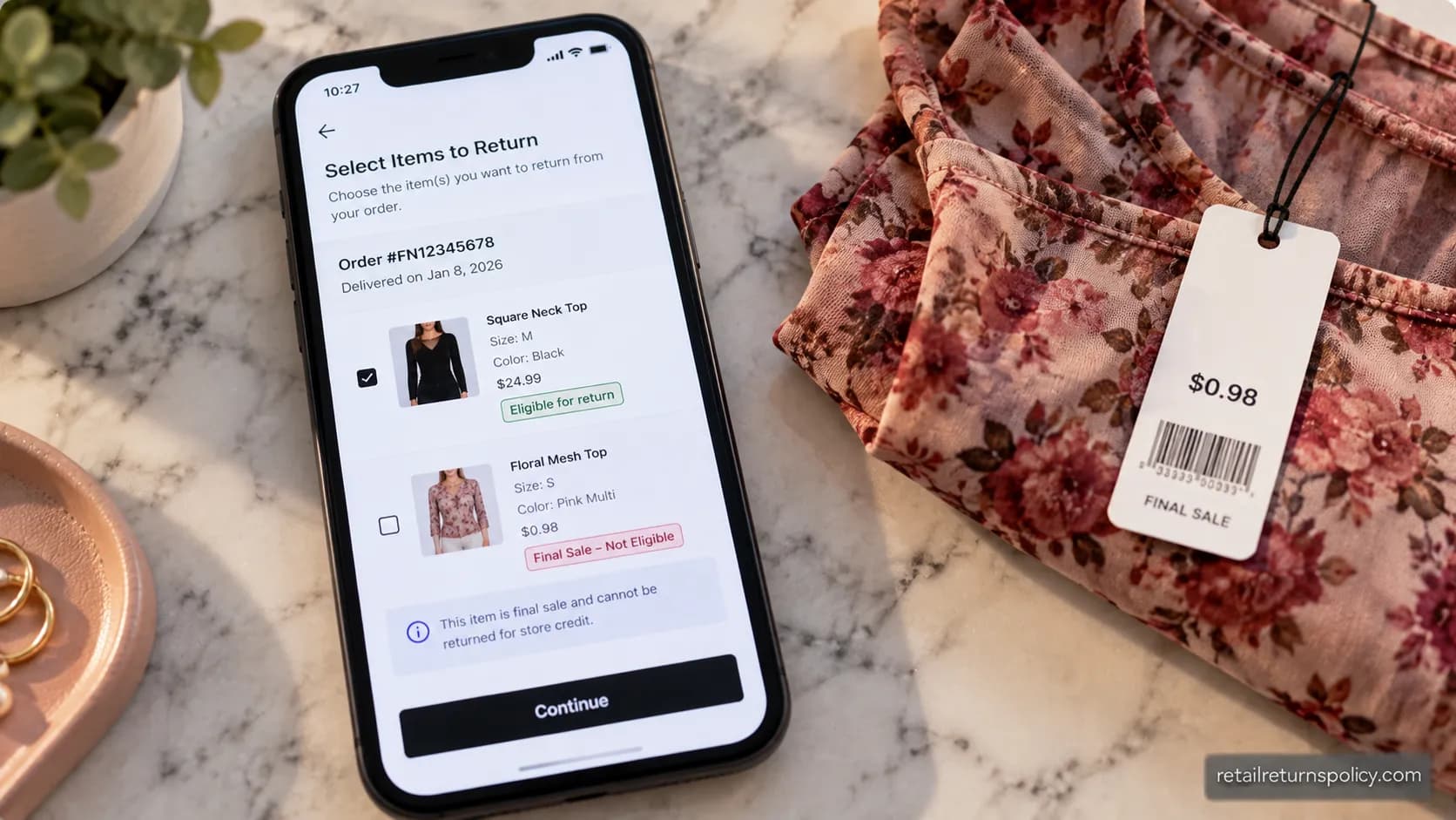 Fashion Nova returns portal flagging a .98 item as final sale and non-returnable.