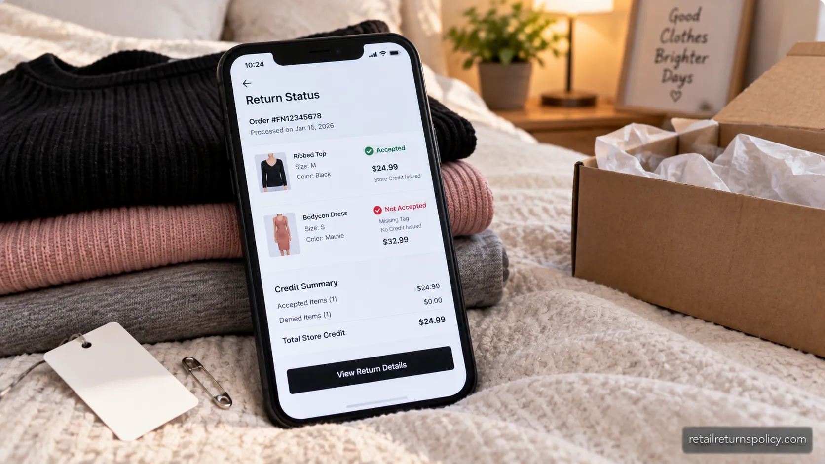 Fashion Nova return showing partial store credit after a denied item