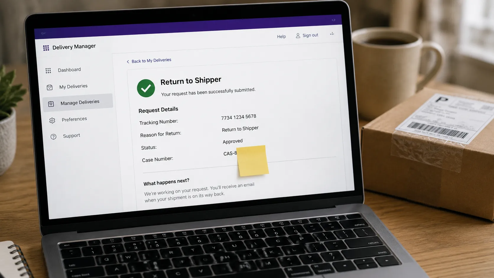 FedEx Delivery Manager Return to Shipper confirmation screen with a case number