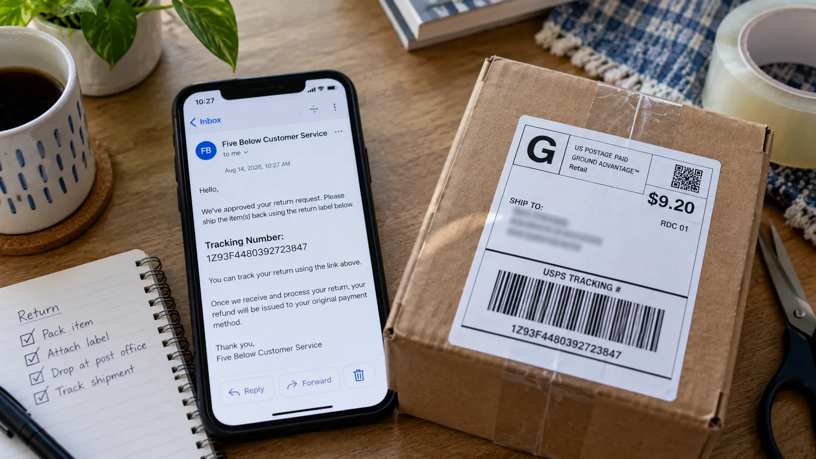 Five Below online return email and a postage label costing more than the item.