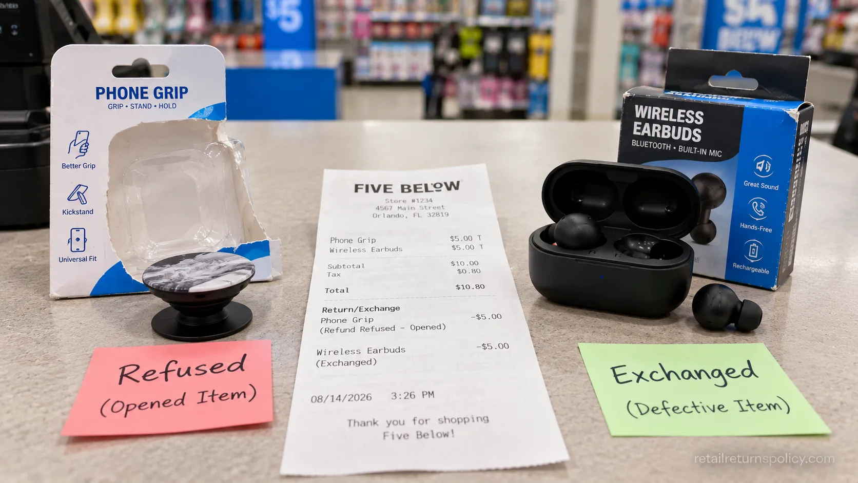 Opened Five Below phone grip refused for refund beside a defective item exchanged.