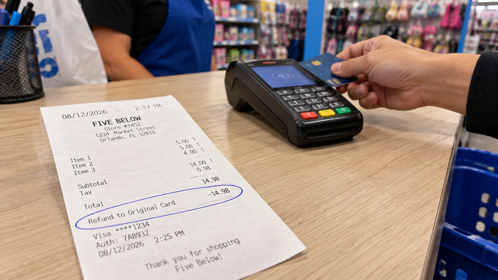 Dated Five Below receipt showing a refund line to the original card.