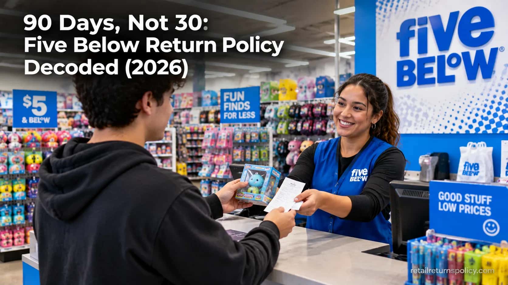 Shopper returning a small item at a Five Below store service counter.