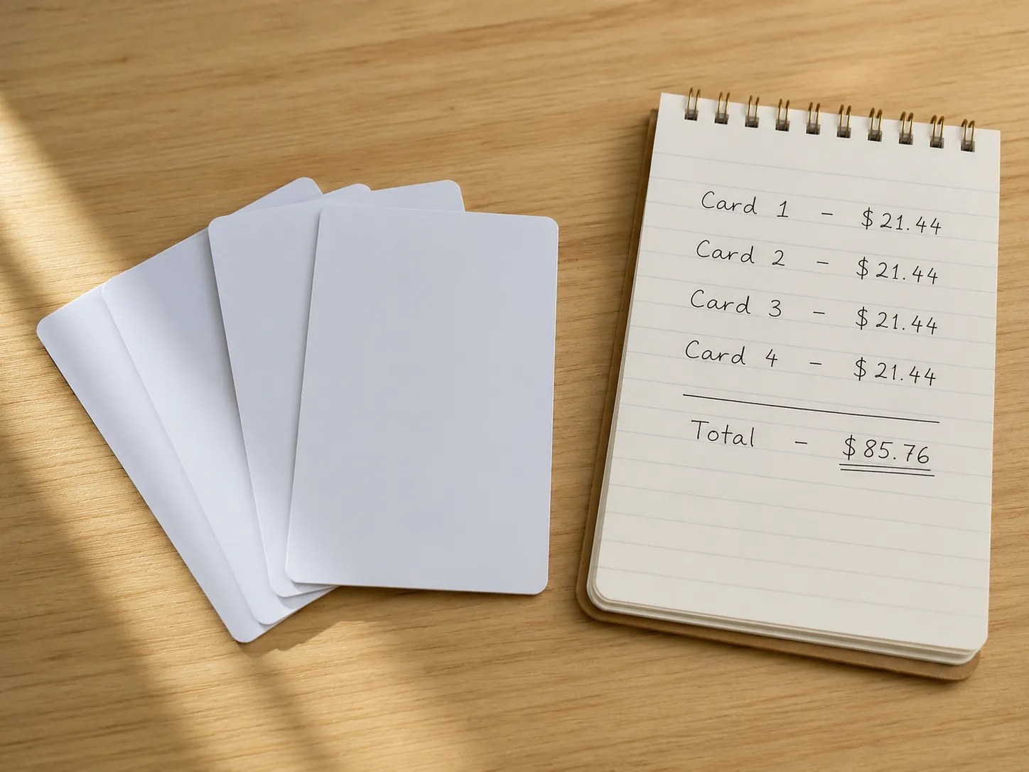 Representative illustration of four unbranded merchandise return cards arranged beside a spiral notepad with a handwritten running total, documenting multiple no-receipt return attempts for evidence.