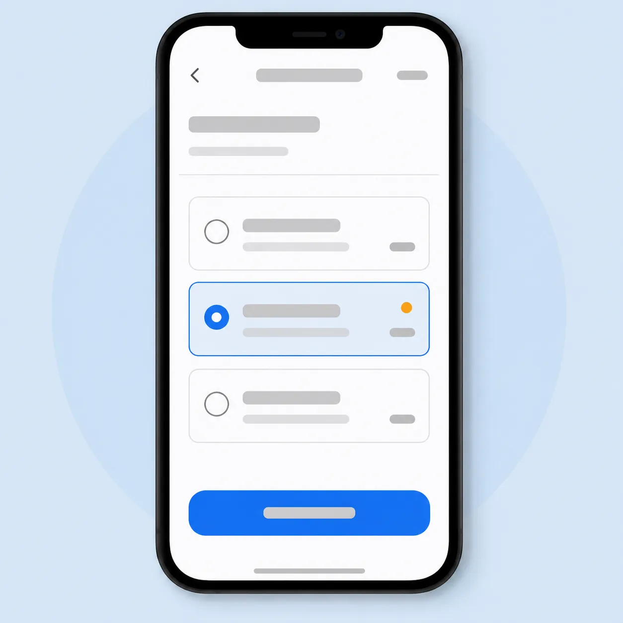 Generic mobile app scheduling screen with three selectable date cards, the middle option highlighted in blue, and a rounded confirm button, representing a members-only from-home scheduling interface.