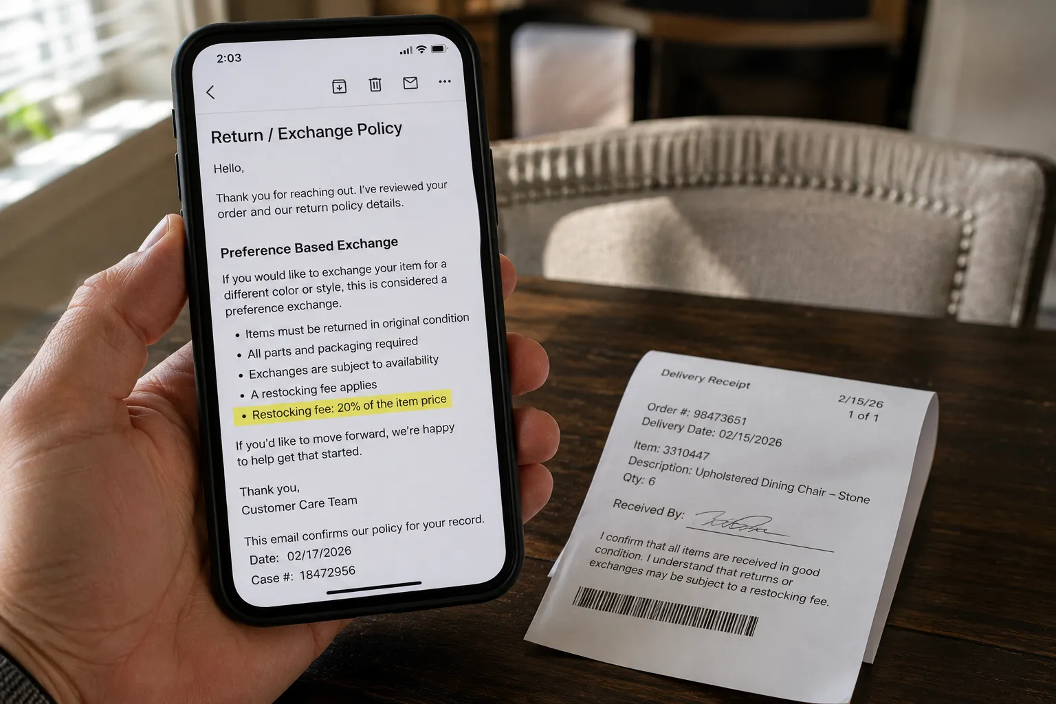 Furniture store exchange policy confirmation showing a restocking fee