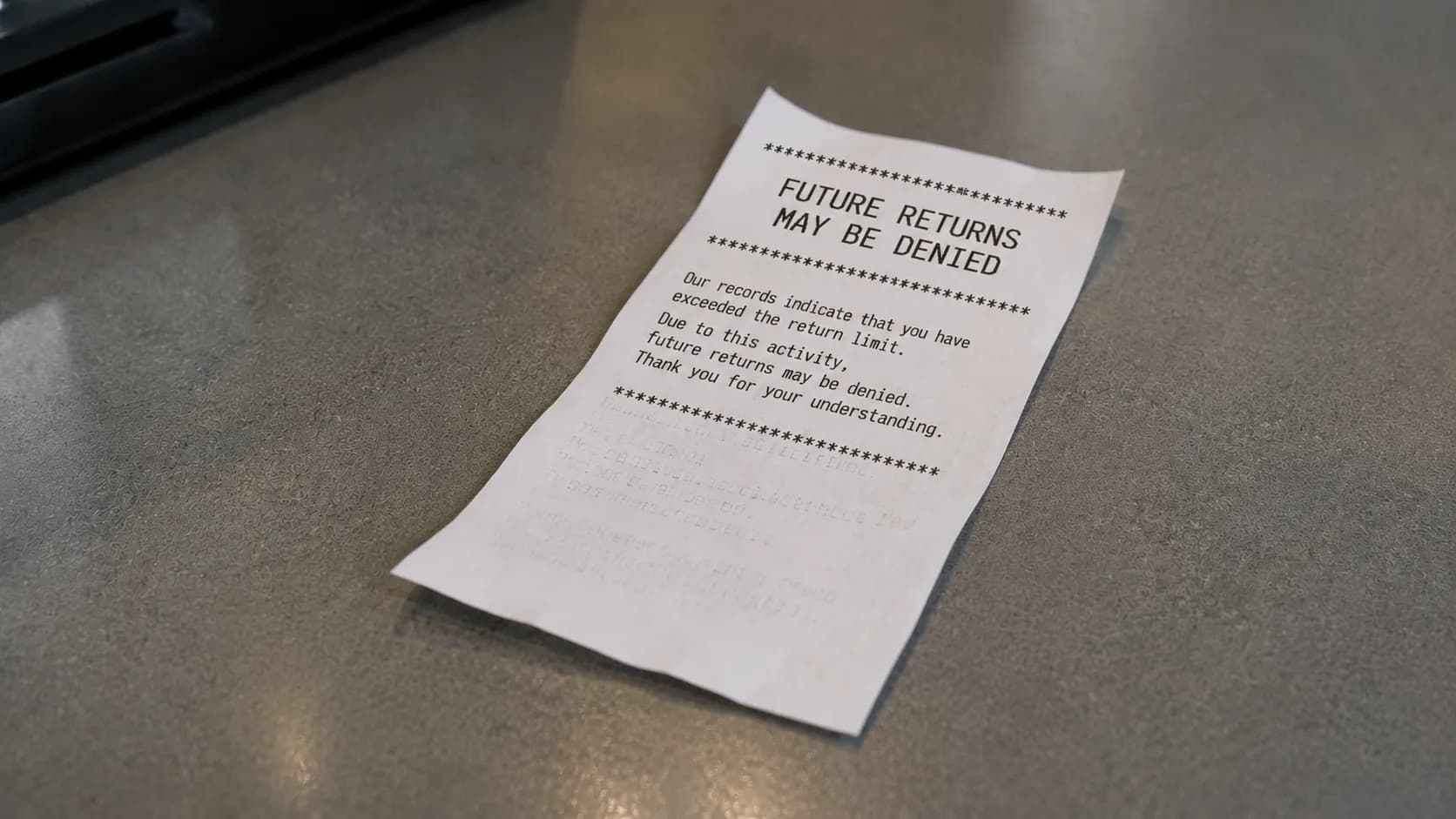 Representative illustration of a printed “Future Returns May Be Denied” warning slip resting on a retail checkout counter under soft natural light.
