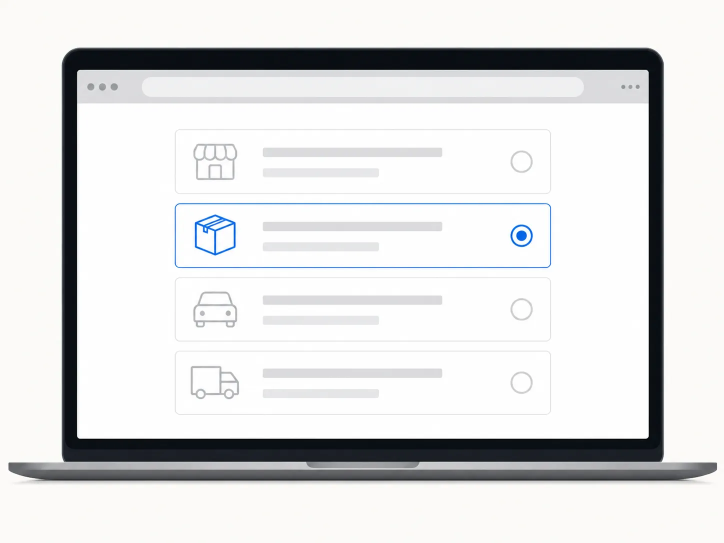 Generic ecommerce order return method screen on a laptop interface showing only one drop-off return option selected while the remaining return methods are greyed out in a clean flat vector.