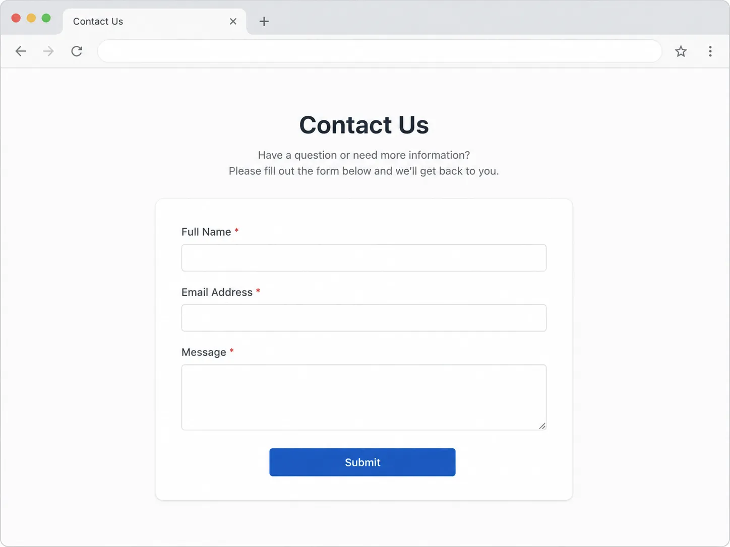 Illustration of a generic plaintiff law firm Contact Us page showing blank fields for name, email, and message with a submit button, representing lead capture rather than a settlement claims page.