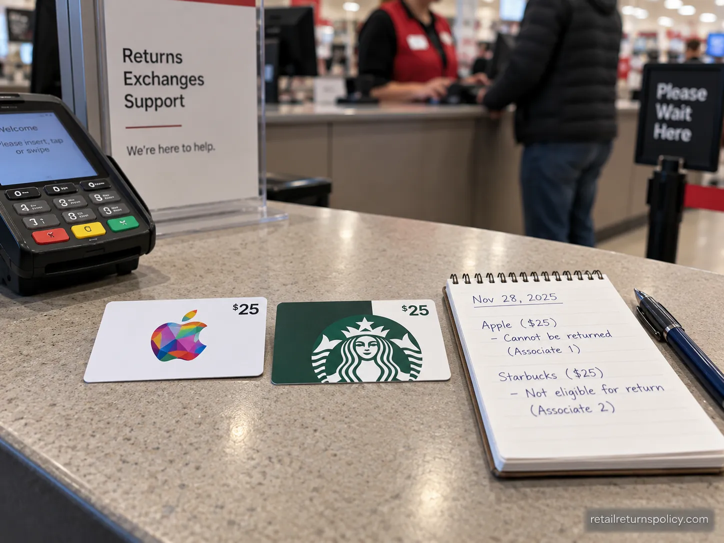 Two gift cards on a service counter during a store-by-store return-rule test.