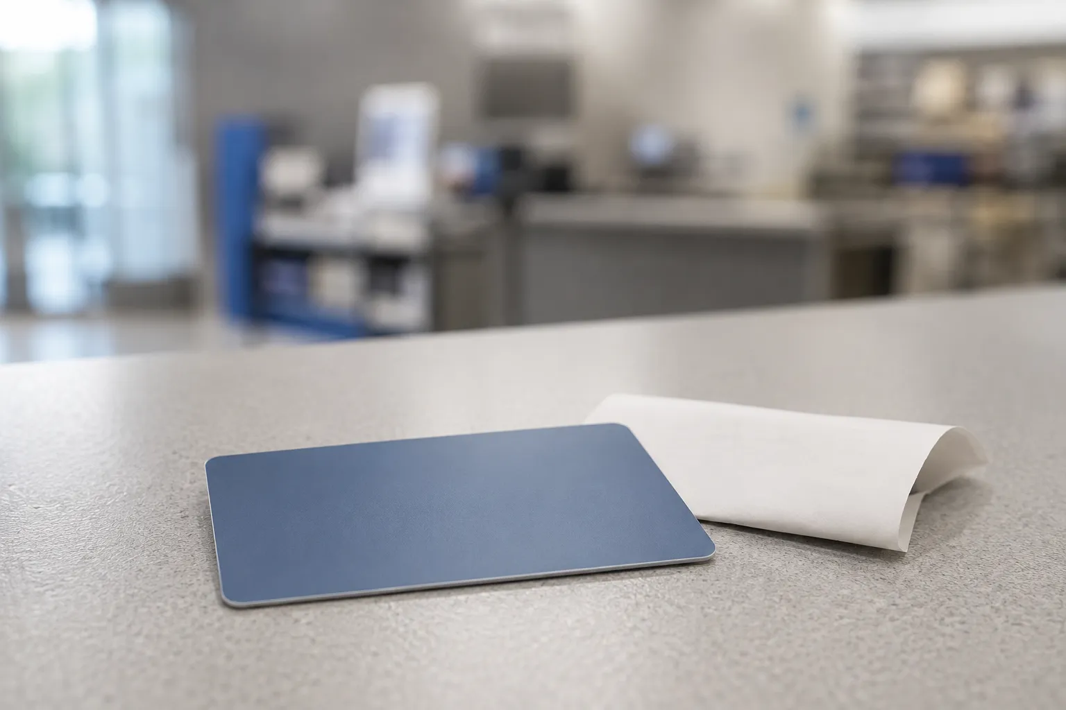 Unbranded gift card beside a paper receipt on a retail service counter, illustrating a store credit refund for an item costing under ten dollars.