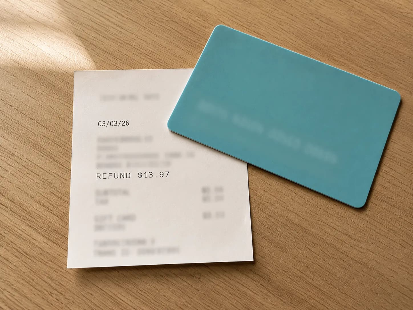 Teal store gift card placed on a return receipt showing “REFUND $13.97,” with the card number and other sensitive details blurred to protect privacy.