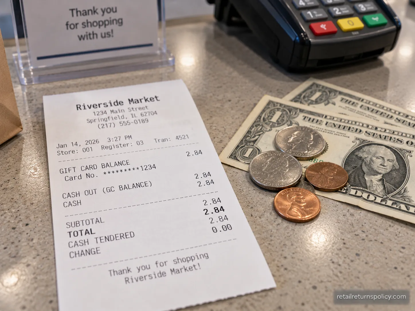 Receipt showing a small gift card balance cashed out under a state cash-back law.