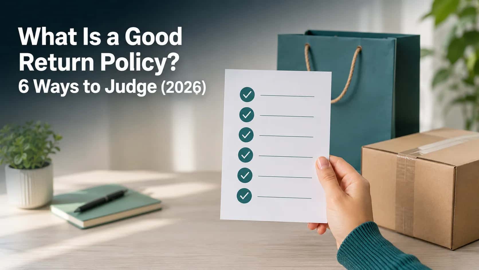 Hand holding a printed six-point return policy checklist beside a shopping bag and sealed parcel on a clean desk, illustrating how to evaluate a retailer's return policy.
