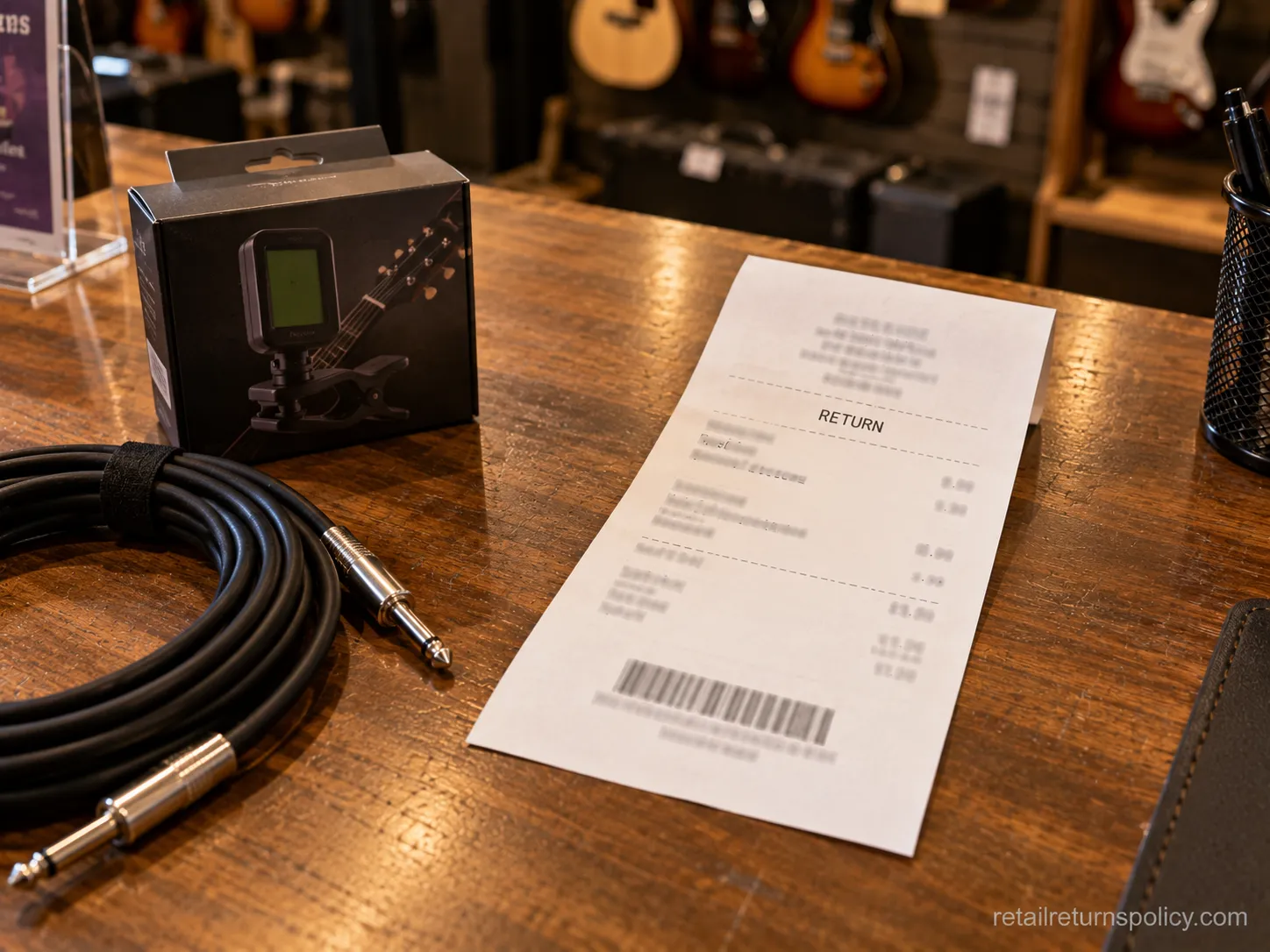Specialty store return receipt on a wooden counter beside a boxed accessory.