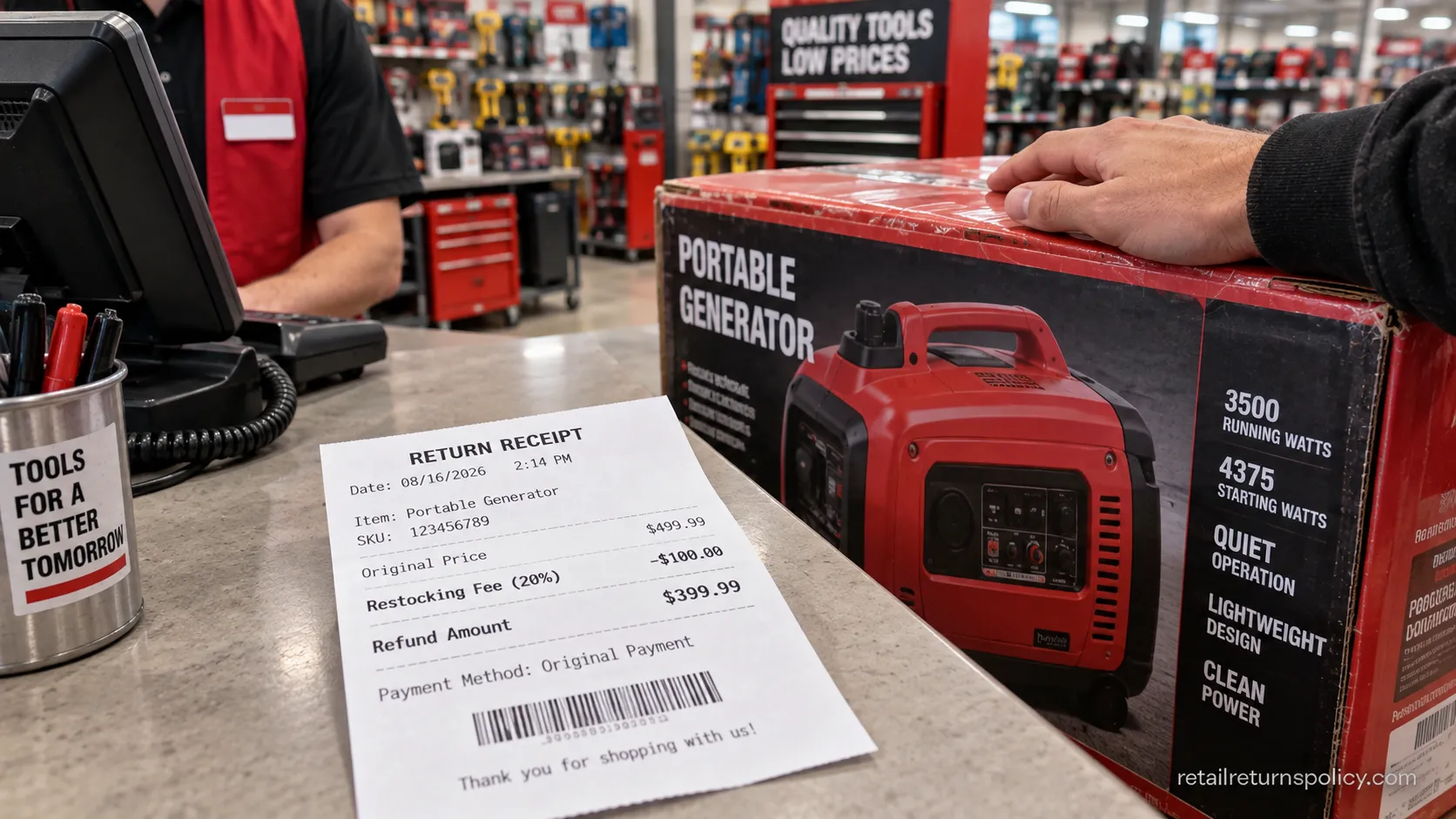 Harbor Freight return receipt showing a 20 percent restocking fee on a returned generator.