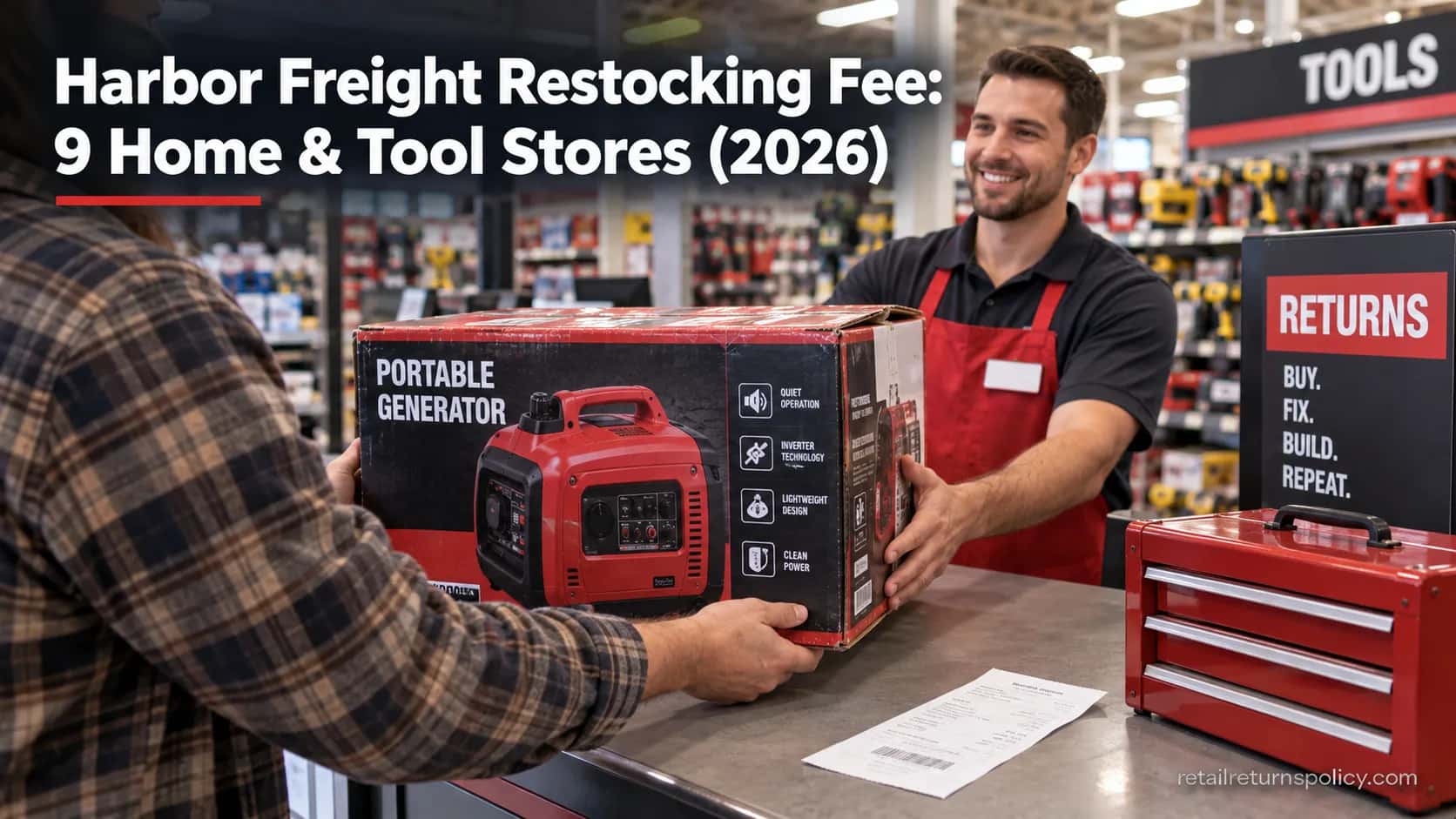 Shopper returning a portable generator at a home and tool store return counter where a restocking fee may apply.