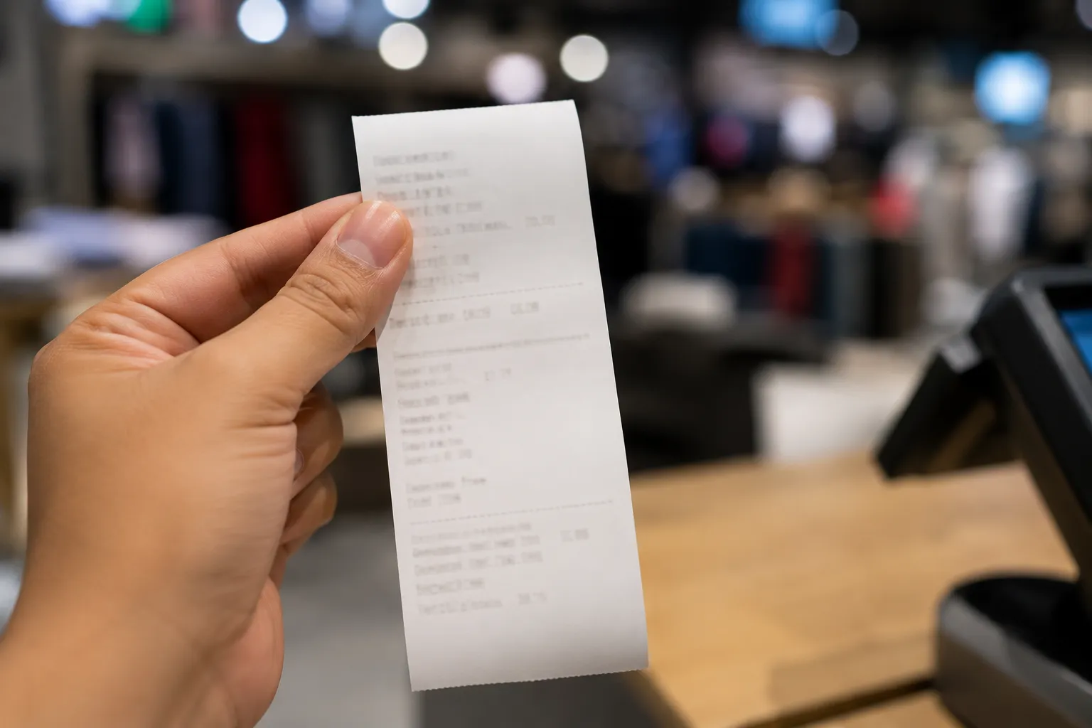 Close-up of a thermal return decision slip held at a retail checkout after a high-dollar, no-receipt return request.