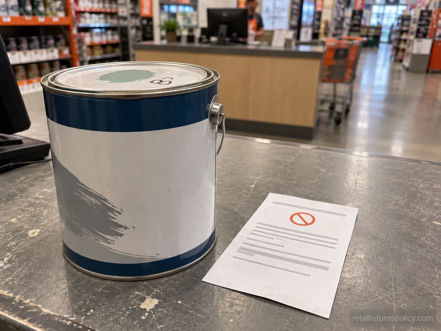 Non-returnable custom-tinted paint can and a decline slip on a Home Depot returns counter.