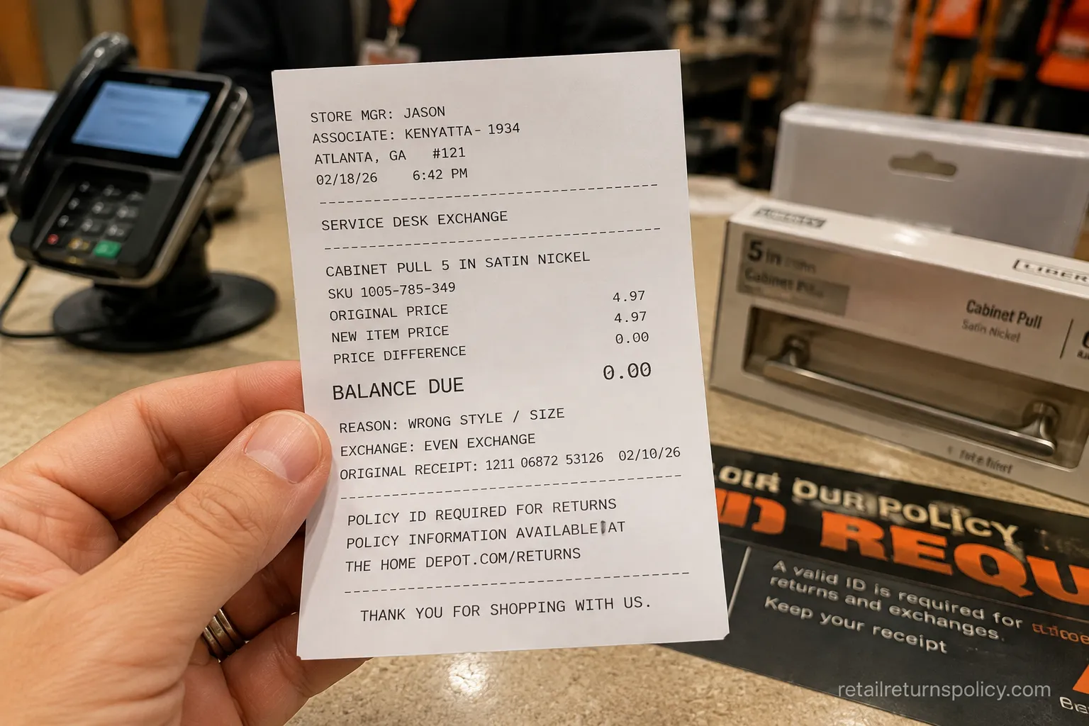 Home Depot service desk exchange receipt from an even exchange