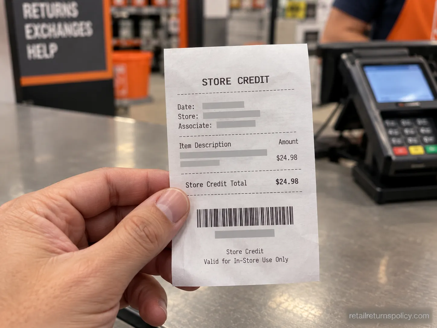 Store-credit slip issued for a Home Depot no-receipt return at the lowest advertised price.
