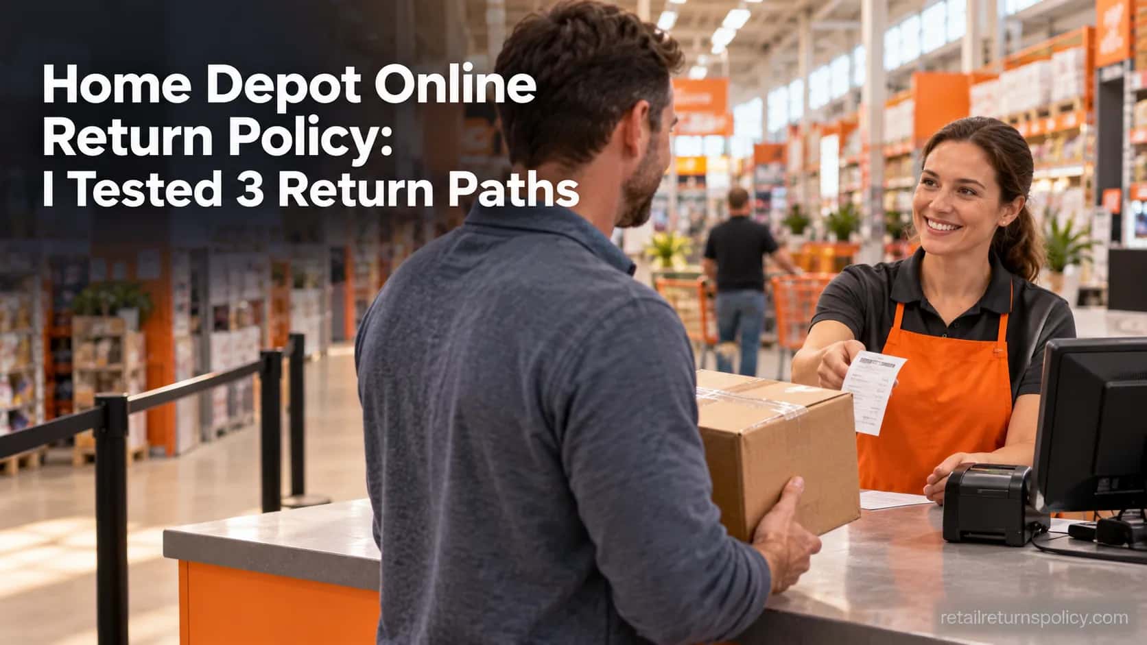 Shopper returning a Home Depot online order at a store customer-service counter and receiving a refund receipt.