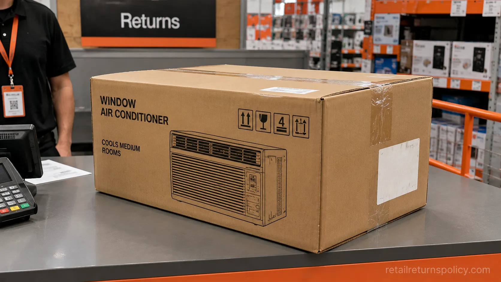 Factory-sealed window air conditioner at a Home Depot returns counter showing the unused packaging rule.