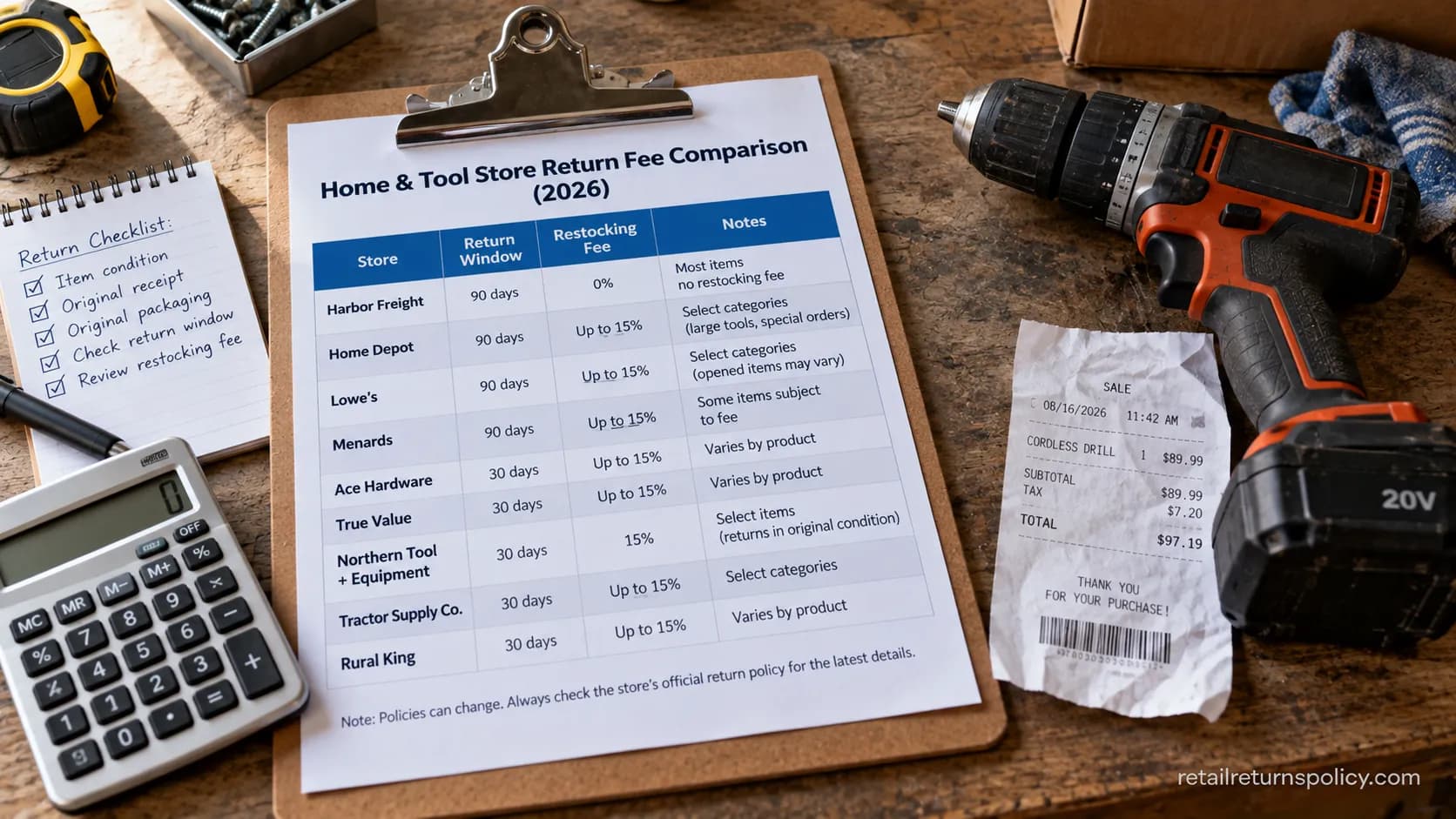 Printed comparison of restocking fees at Harbor Freight, Home Depot, Lowe’s and other home and tool stores.