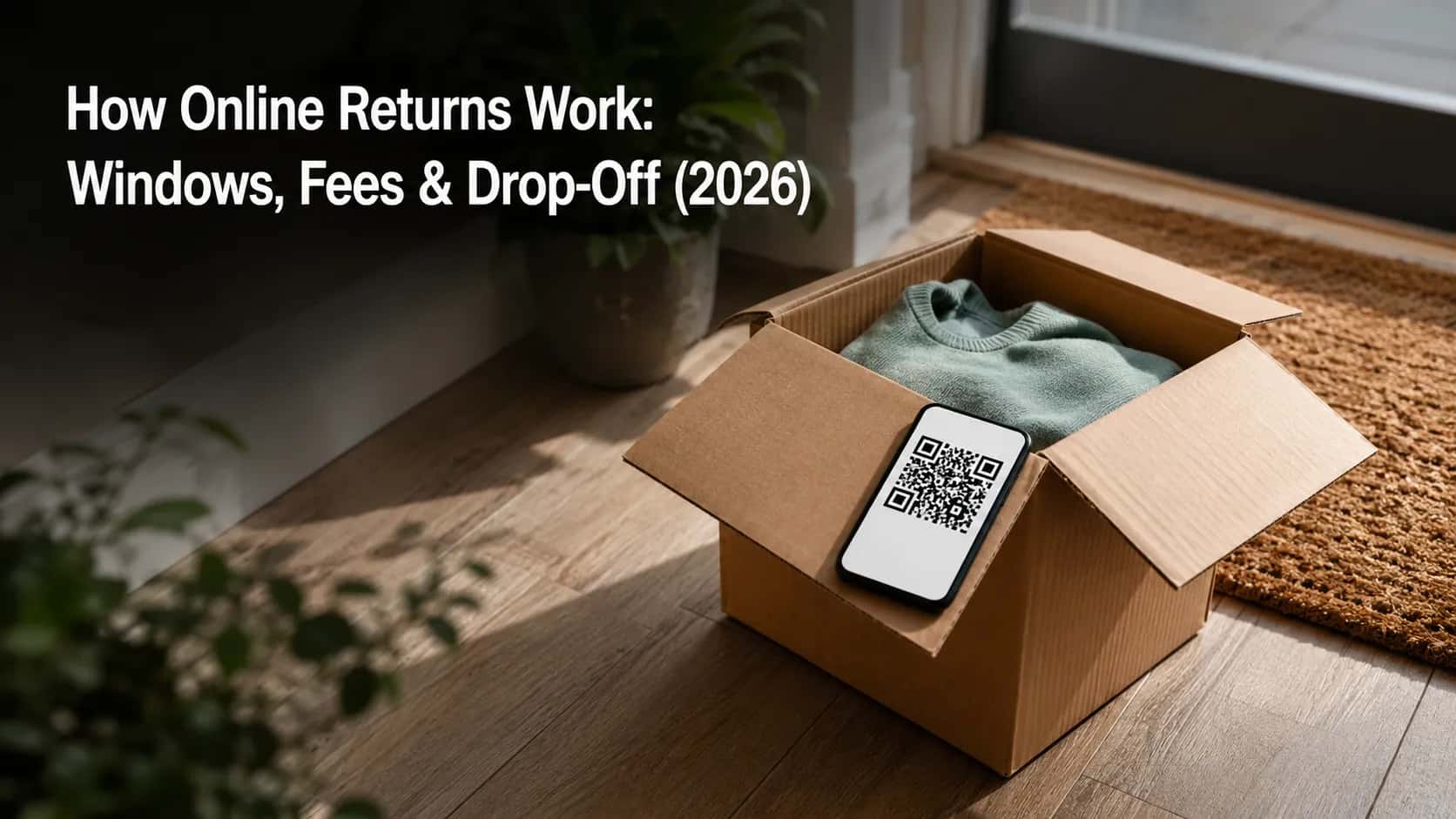 Open shipping box with a folded garment beside a smartphone displaying a return QR code on a doormat near a front door, illustrating the start of an online return process.