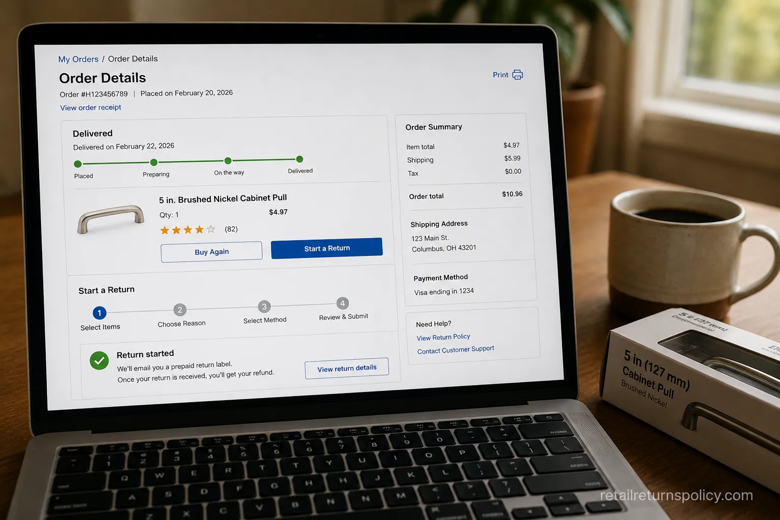 Online exchange workflow screenshot showing start a return then reorder.