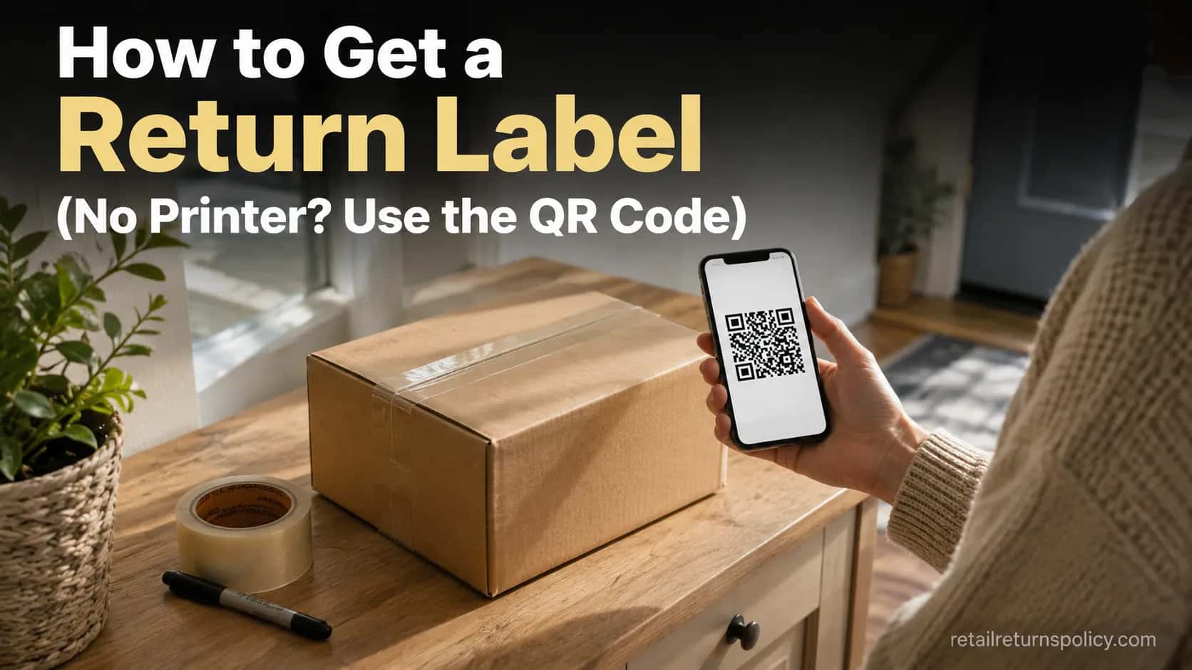 Person holding a phone with a return-label QR code next to a packed return box at home.