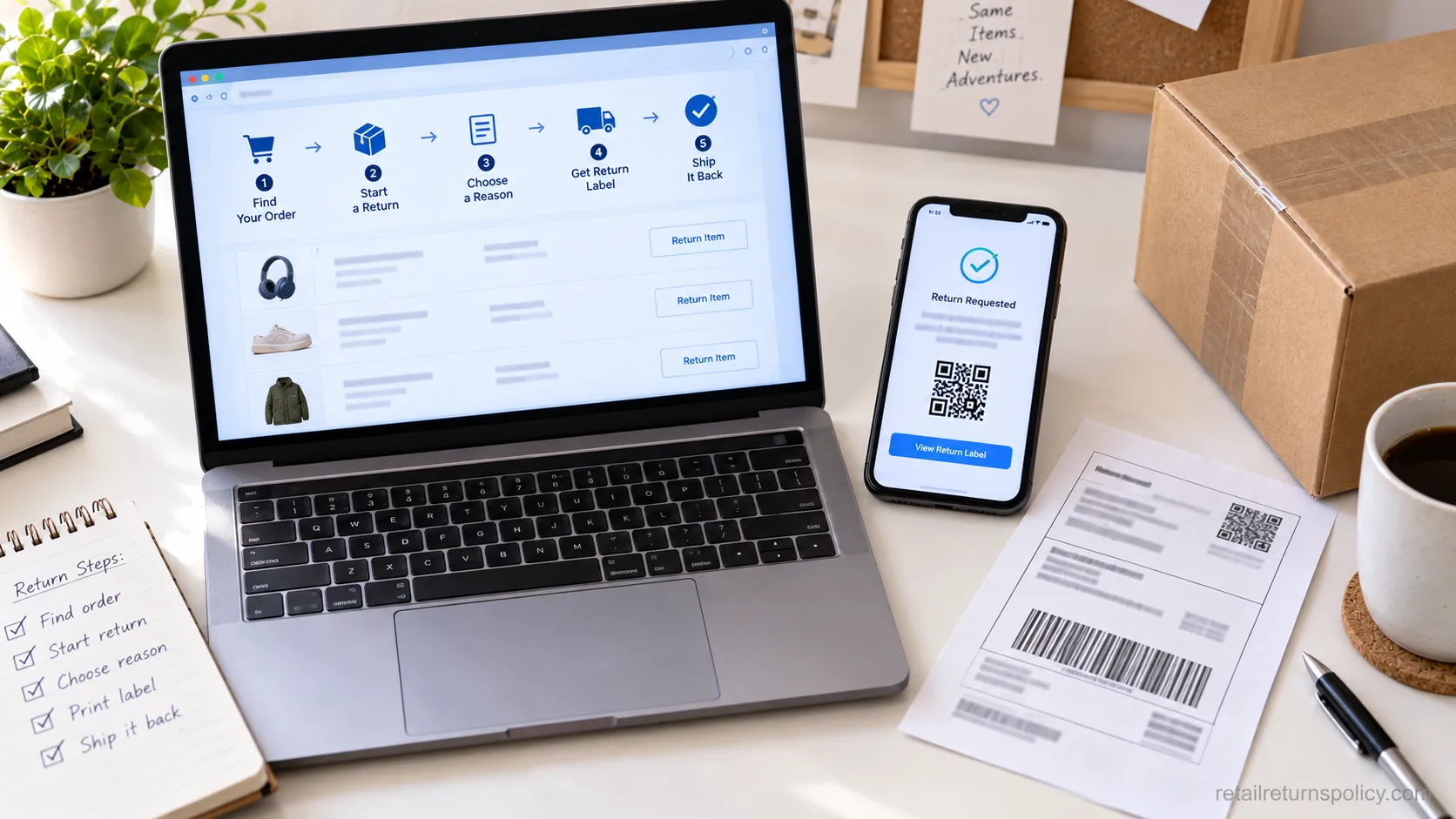 Laptop and phone showing the step-by-step process to start a package return.