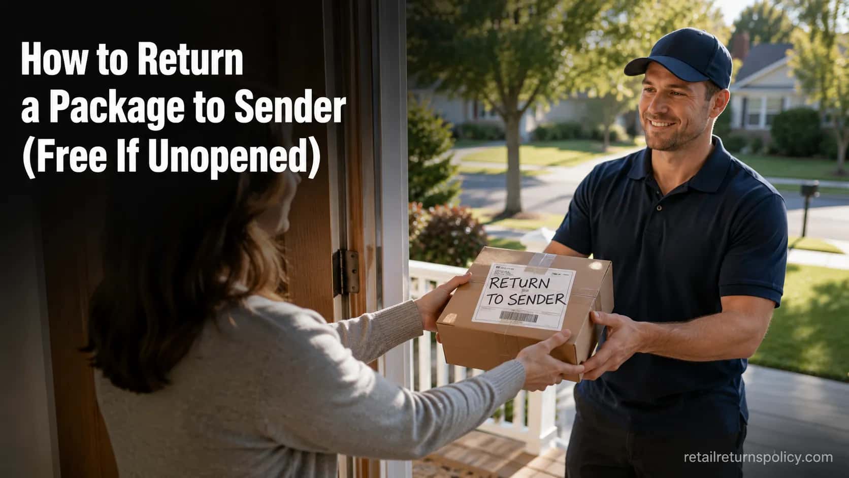 person handing a sealed package marked Return to Sender back to a delivery carrier at a front door