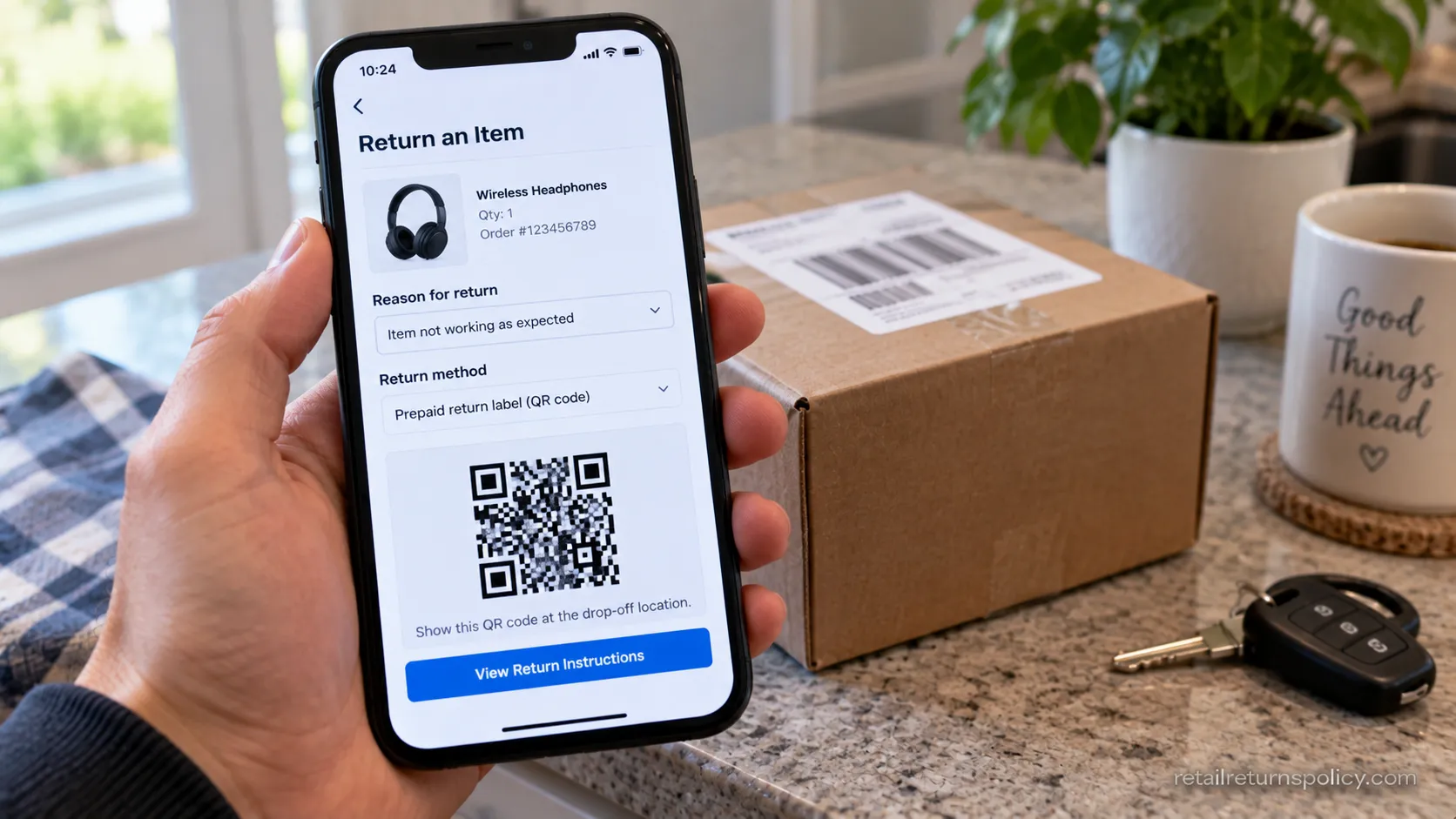 Phone showing an online return screen with a prepaid QR drop-off label