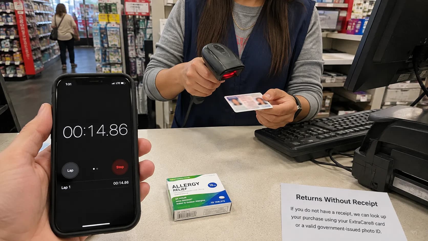CVS associate scanning a photo ID during a no-receipt return at the register.