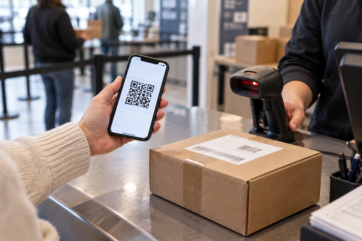 A phone showing a QR return code at a parcel drop-off counter