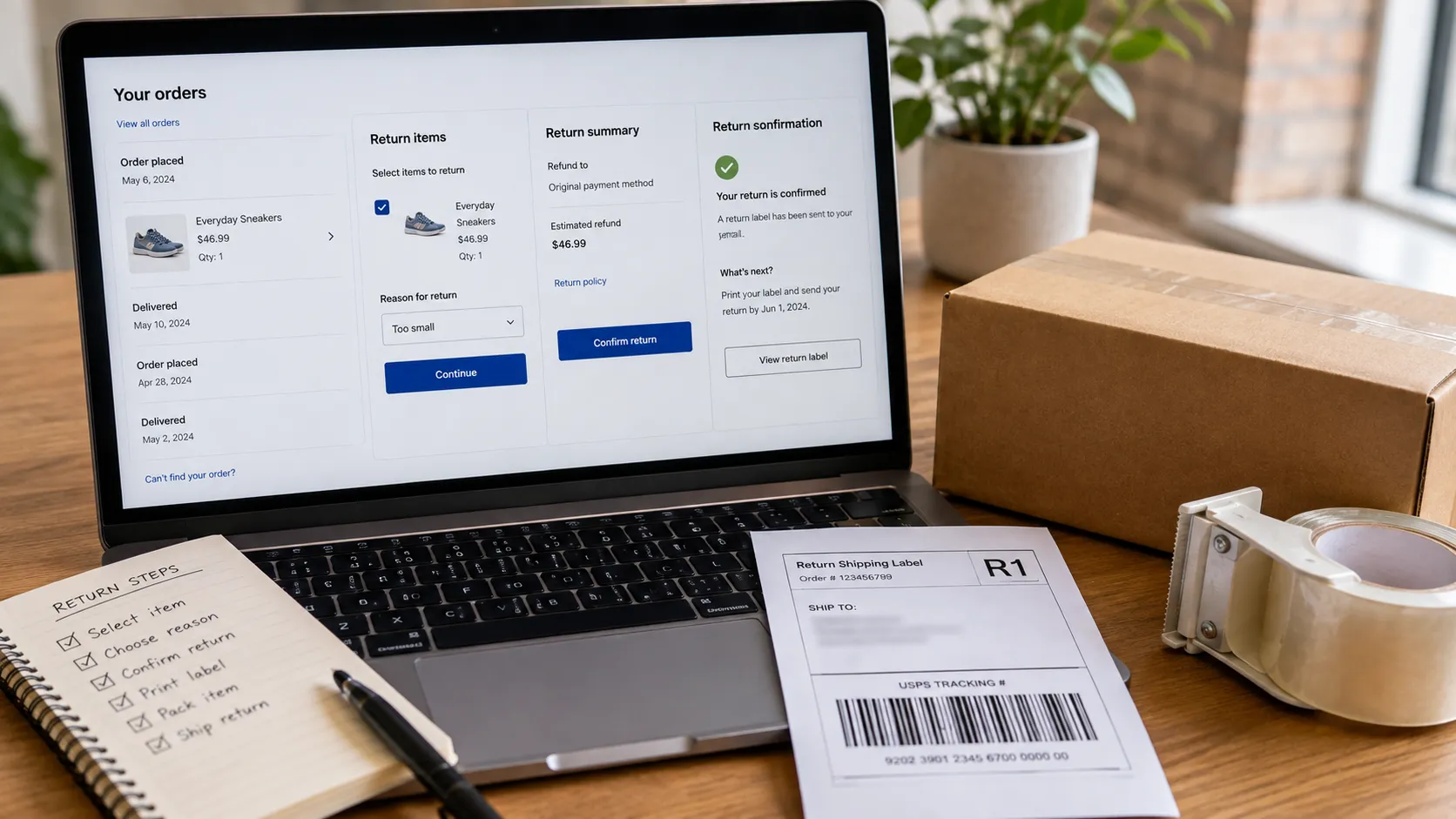 Online return in progress on a laptop with a printed shipping label and packed parcel.
