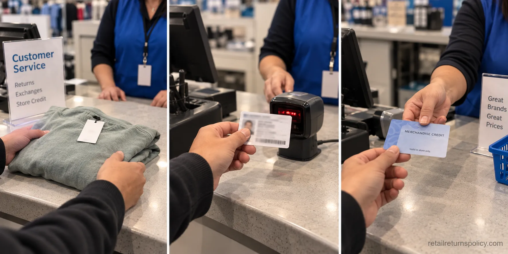 Step-by-step late return at a Ross customer-service counter after 30 days.