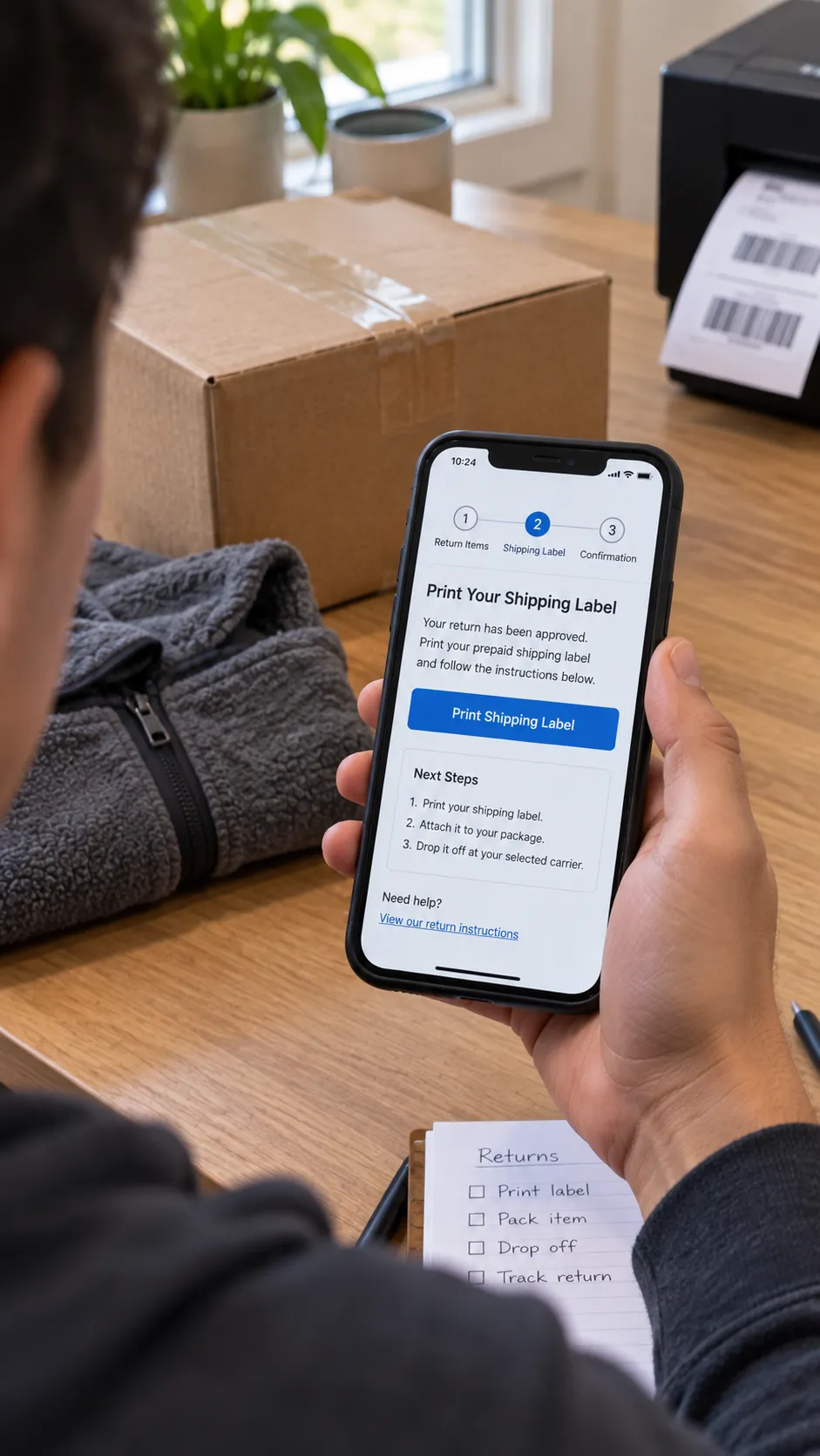Phone showing the Patagonia returns portal at the label-printing step beside a packed box