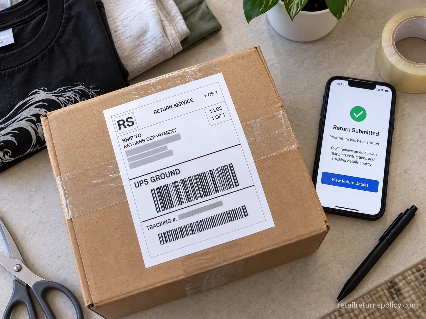 Prepaid return label on a packed box for a Tillys mail return