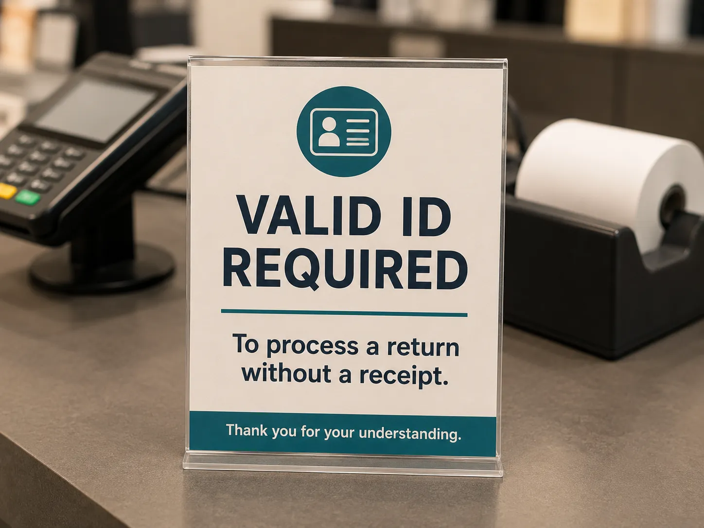 Retail return counter sign stating that a valid ID is required to process a return without a receipt, with a card reader and receipt printer blurred in the background.