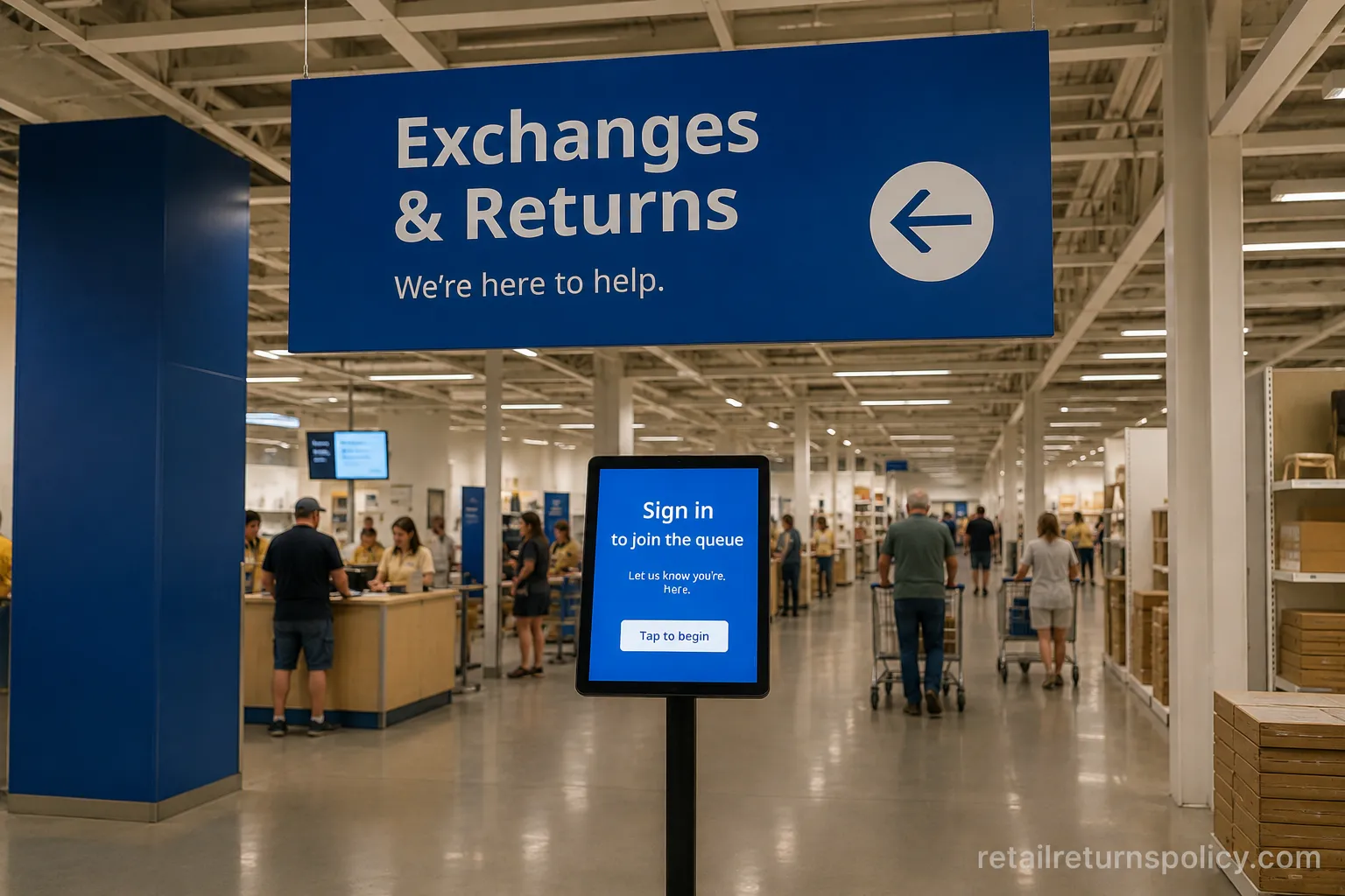 IKEA Exchanges and Returns desk signage for processing a return.